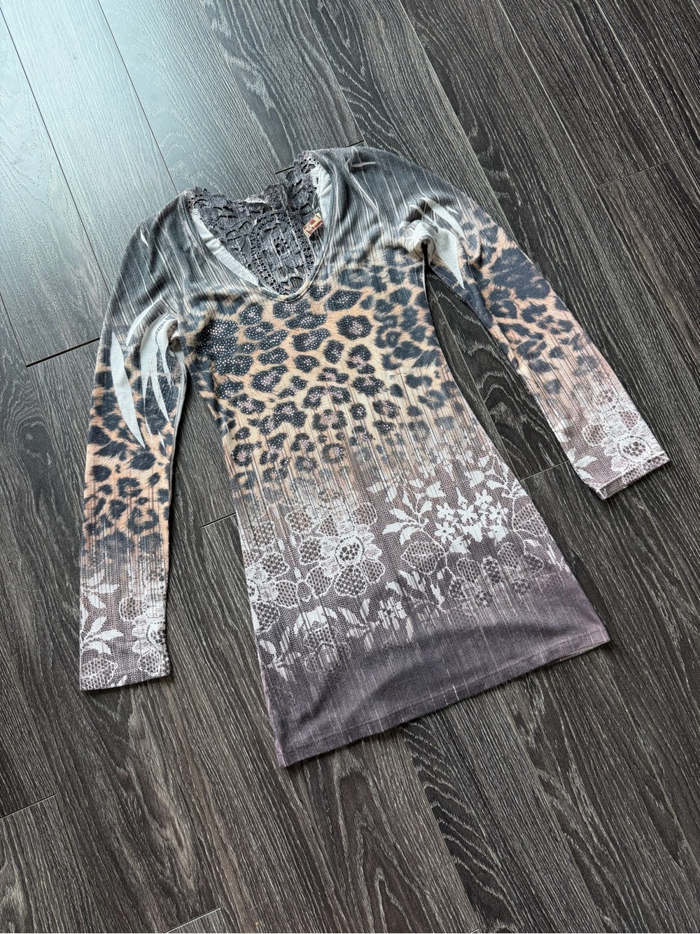 Long Sleeve Leopard Mix Print V-Neck Top (Or mini dress!) - Brown